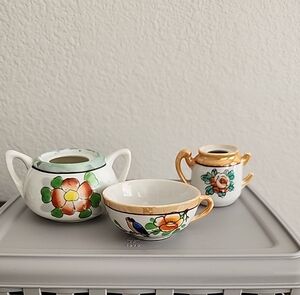 Miniature Glazed Vintage Ceramic, Flower Design Set of 3 (1 broken handle)